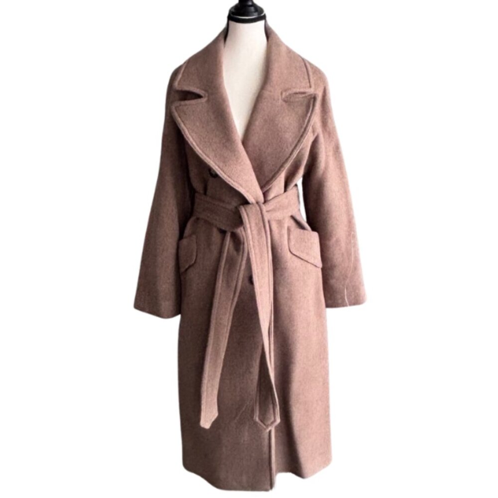 H&M Belted Wool-Blend Long Coat in Taupe